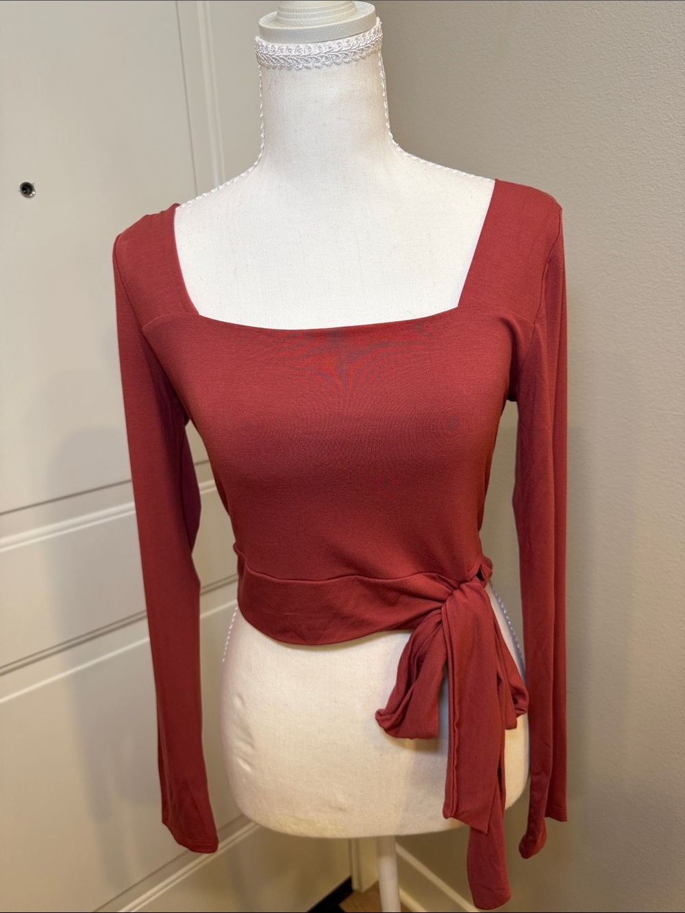 Square-Neck Long Sleeve Wrap Top in Brick Red
